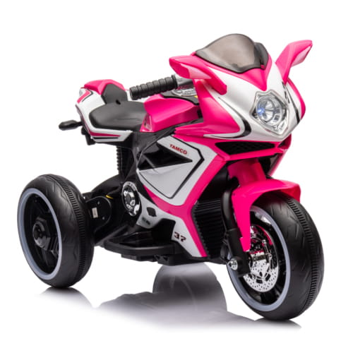 pink and white 6v kids electric ride on motorcycle with black tires and tamico logo on the side