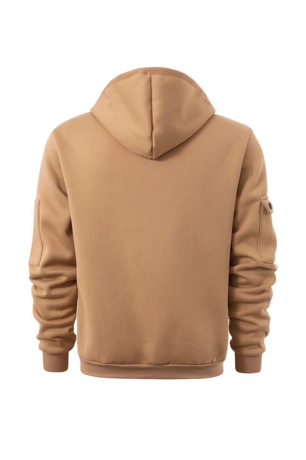 Sudadera deportiva con cierre para hombre en tallas grandes en color caqui, con puños y bajo acanalados, y bolsillo tipo parche en la manga izquierda.