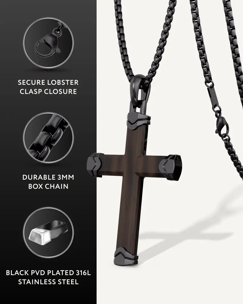 Matte ebony wood and black stainless steel cross necklace with black pvd 316l steel, lobster clasp, and 3mm box chain