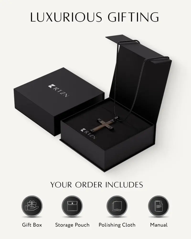 Matte ebony wood and black stainless steel cross necklace with sleek minimalist design and matching black chain