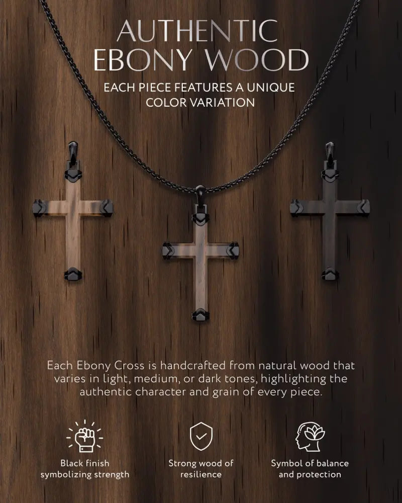 Matte ebony wood cross necklace with black stainless steel accents and a matching chain for men and women