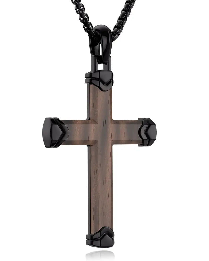 Matte ebony wood and black stainless steel cross necklace with wood grain finish and black metal accents on matching chain