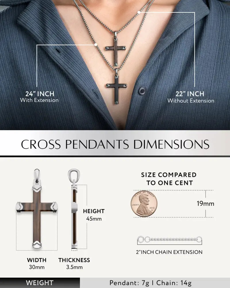 Ebony wood silver cross pendant with dark wood inlay and polished metal edges, 45mm by 30mm, with 3mm box chain