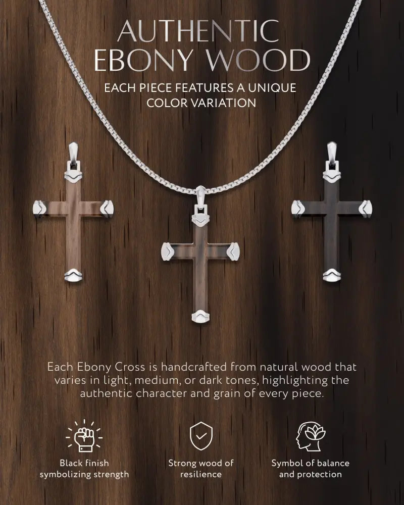 Ebony wood silver cross pendant with handcrafted natural wood in light to dark tones on a 3mm silver-toned box chain