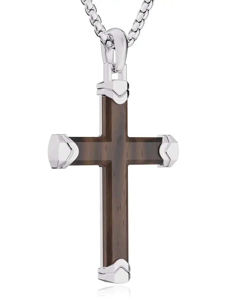 Ebony wood silver cross pendant with dark brown wooden center and polished metal accents on 3mm box chain