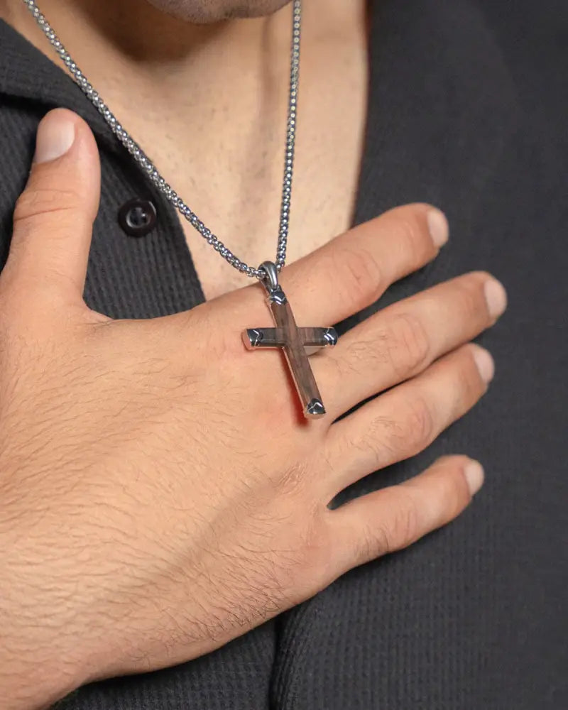 Ebony wood silver cross pendant with a sleek minimalist design polished metallic finish and 3mm box chain