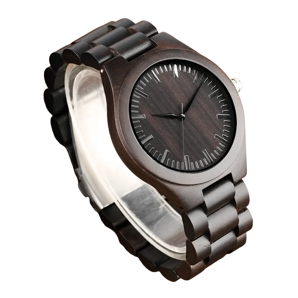Ebony wood quartz watch for men featuring a black wooden case with a sleek minimalist design and dark wood grain face