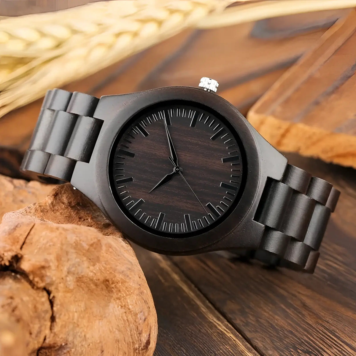Ebony wood quartz watch for men featuring a black wooden band and sleek minimalist dark wood grain face
