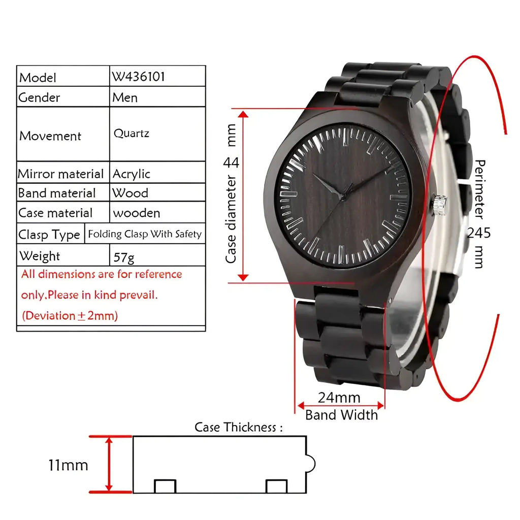 Black wooden men’s quartz watch with dark wood grain dial and matching ebony wood band for formal use
