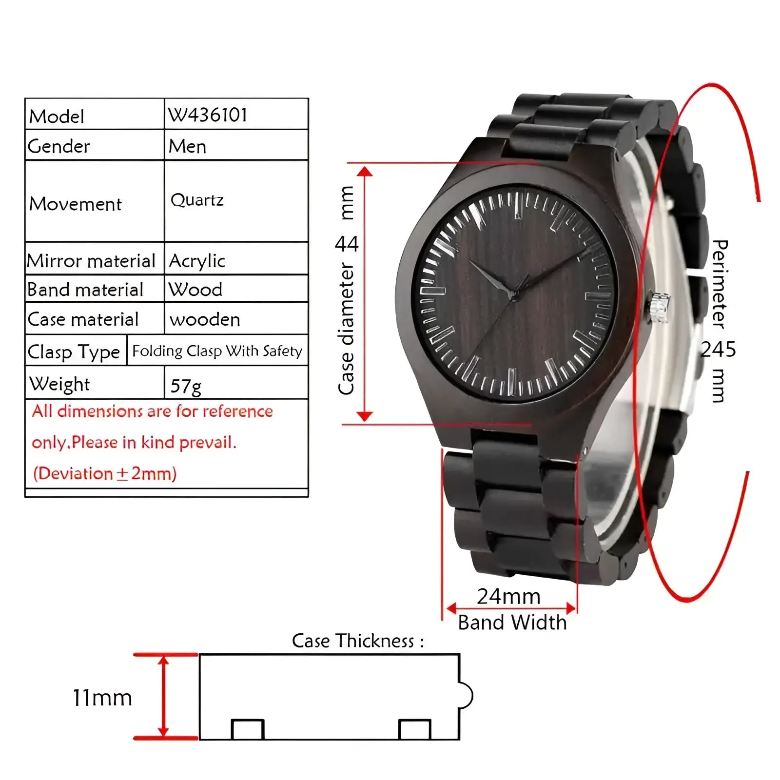 Black wooden men’s quartz watch with dark wood grain dial and matching ebony wood band for formal use