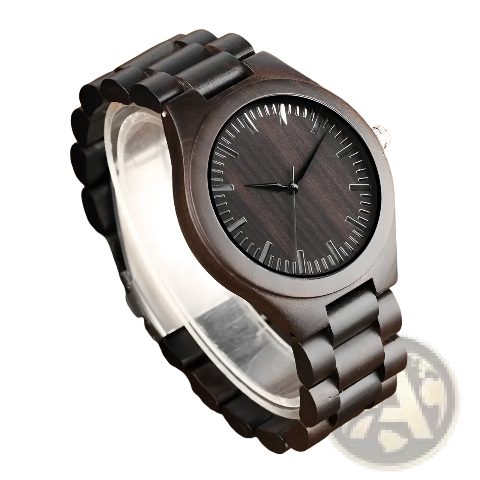 Ebony wood quartz watch for men featuring a black wooden case with a sleek minimalist design and dark wood grain face