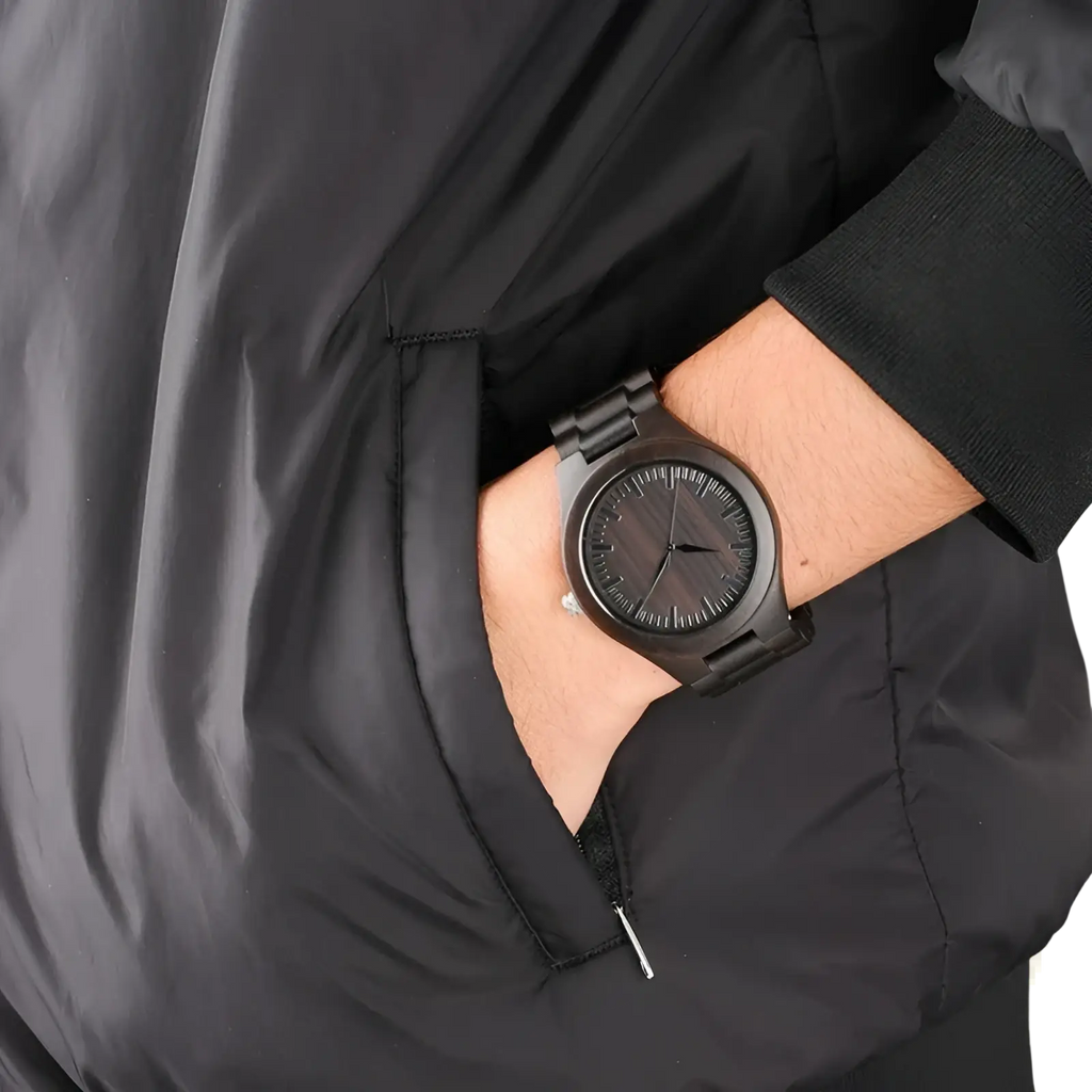 Ebony wood quartz watch for men featuring a black wooden case with a sleek minimalist design and horizontal grain texture