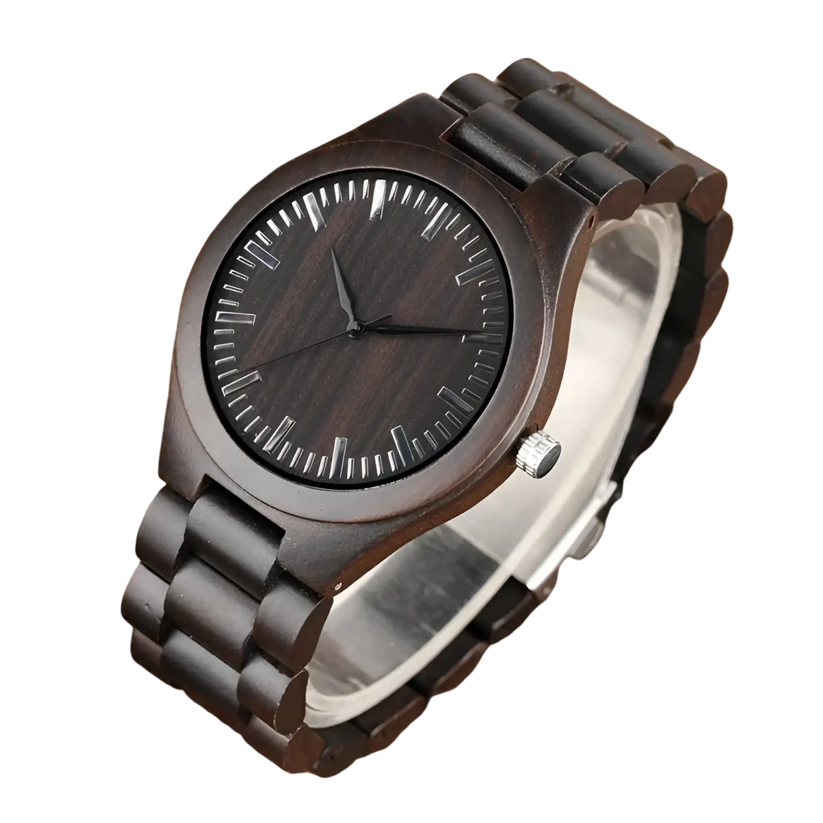 Ebony wood quartz watch for men featuring dark wood with sleek minimalist design black hour markers and hands