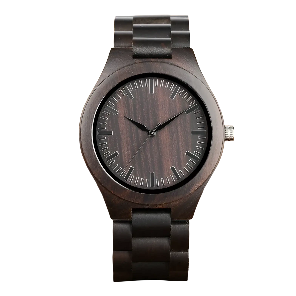 Ebony wood quartz watch for men with dark wood casing and black dial featuring subtle vertical hour markers