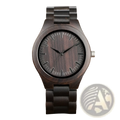 Ebony wood quartz watch for men with dark wood casing and black dial featuring subtle vertical hour markers