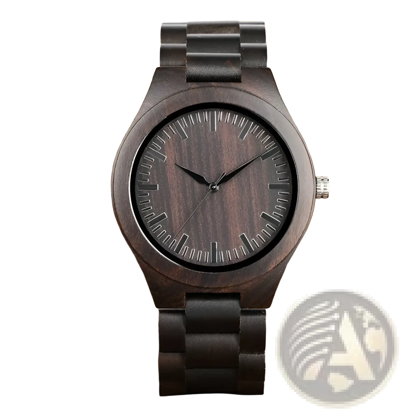 Ebony wood quartz watch for men with dark wood casing and black dial featuring subtle vertical hour markers