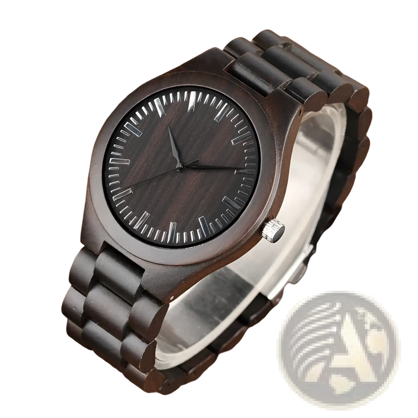 Ebony wood quartz watch for men featuring dark wood with sleek minimalist design black hour markers and hands