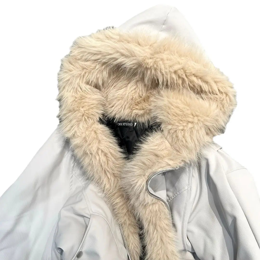 A cream-colored faux fur lined hooded winter bomber jacket with a white outer shell and black interior lining.