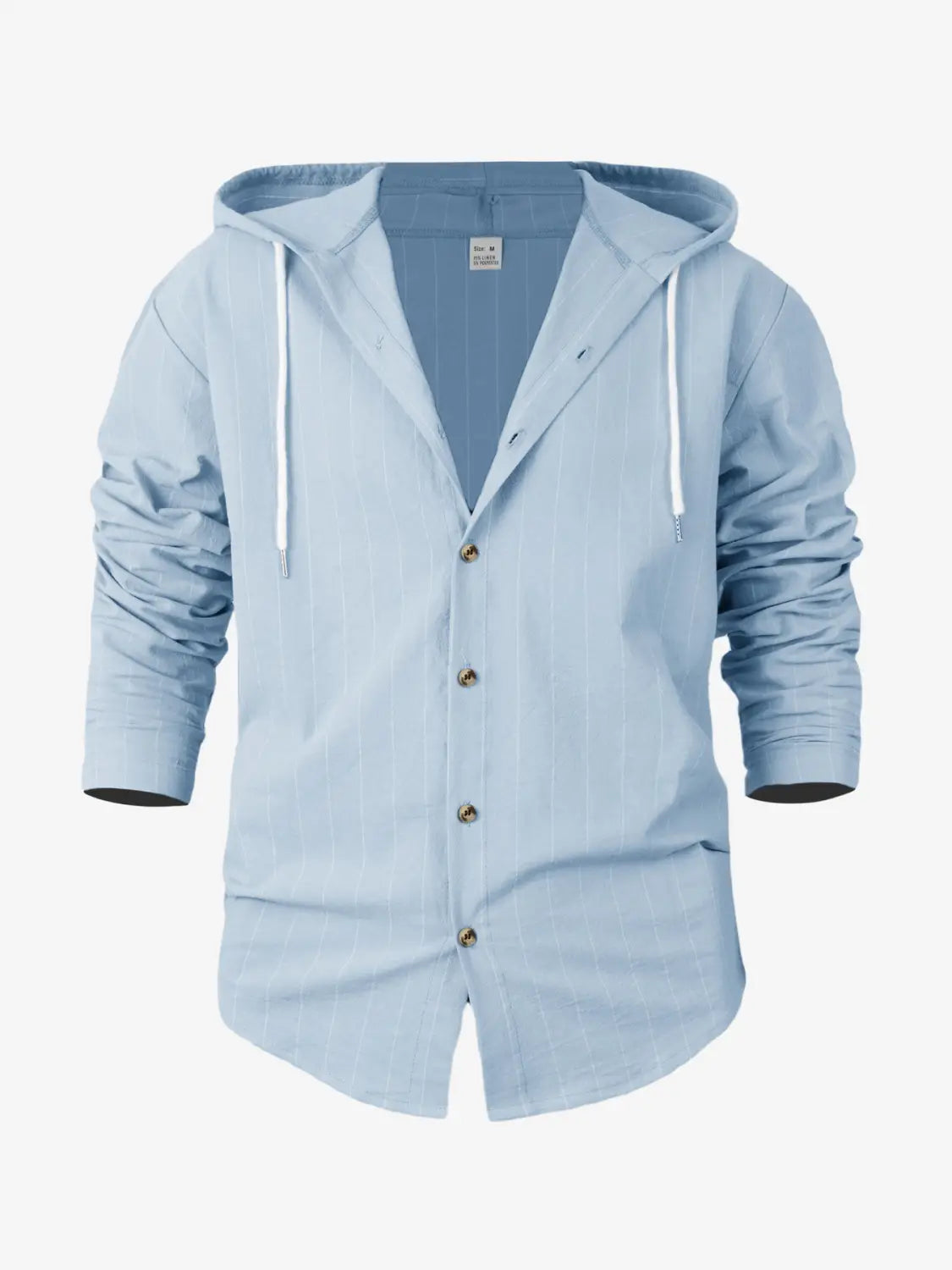 Hellblaues Nadelstreifen-Kapuzen-Leinenhemd für Herren, Slim Fit, mit weißen Kordeln und Frontknopfleiste.