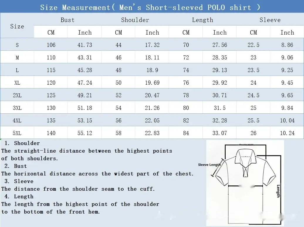Tabla de tallas de camisa tipo polo de manga larga a rayas para hombre, corte entallado; muestra las medidas de la camisa tipo polo de manga corta en centímetros y pulgadas para las tallas S a 5XL.
