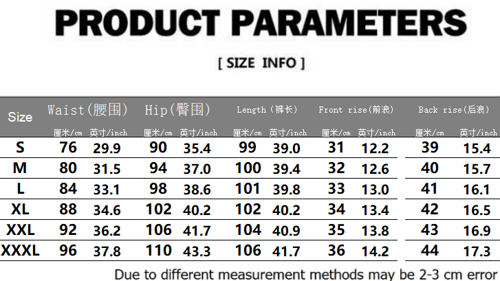 Men’s slim fit ice silk business casual trousers size information table displaying measurements in centimeters and inches.