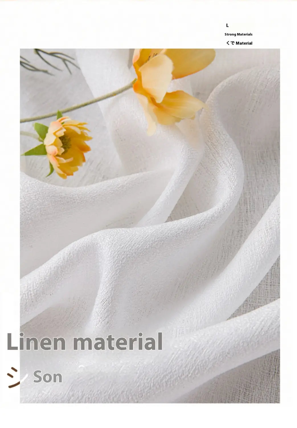 Textured sunscreen linen curtains in white with a subtle weave texture gently draped and accented by soft yellow flowers for home use.