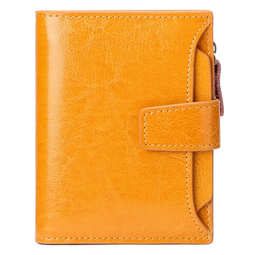 A tan leather RFID wallet with flap closure, visible stitching, zipper, and anti theft feature.