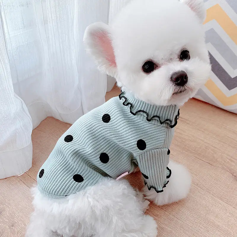 Camiseta tipo cuello vuelto de algodón de manga larga con estampado de lunares y diseño de perro
