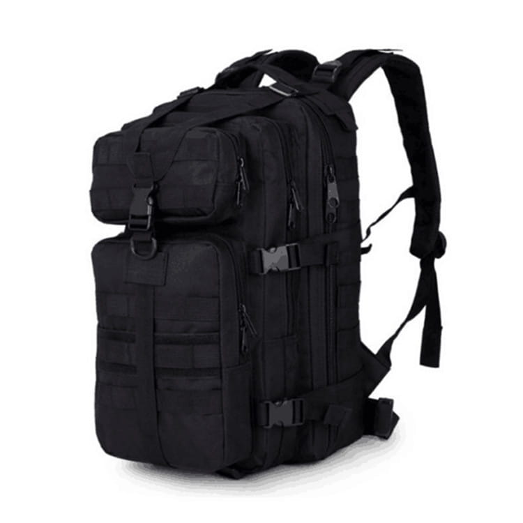 black tactical camouflage waterproof mountaineering backpack with multiple zippered compartments and adjustable straps shown from the back side