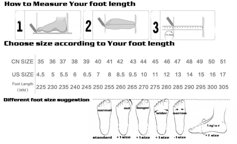 Un guide détaillé de mesure de la pointure du pied, comprenant des tableaux des tailles aux normes chinoise (CN) et américaine (US), la longueur du pied en millimètres et des illustrations de différents types de pieds, accompagnant des baskets en cuir pour homme style business casual à double boucle.