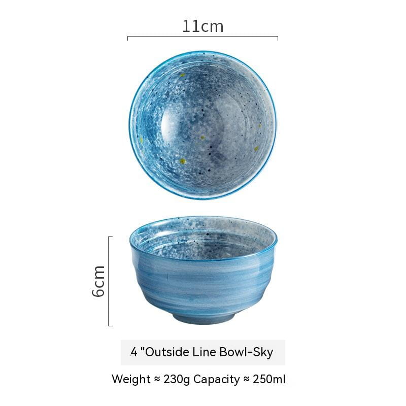 A translucent blue ceramic bowl with a speckled sky-like pattern and subtle horizontal ridges suited for retro porcelain rice tableware measuring 4 inches.