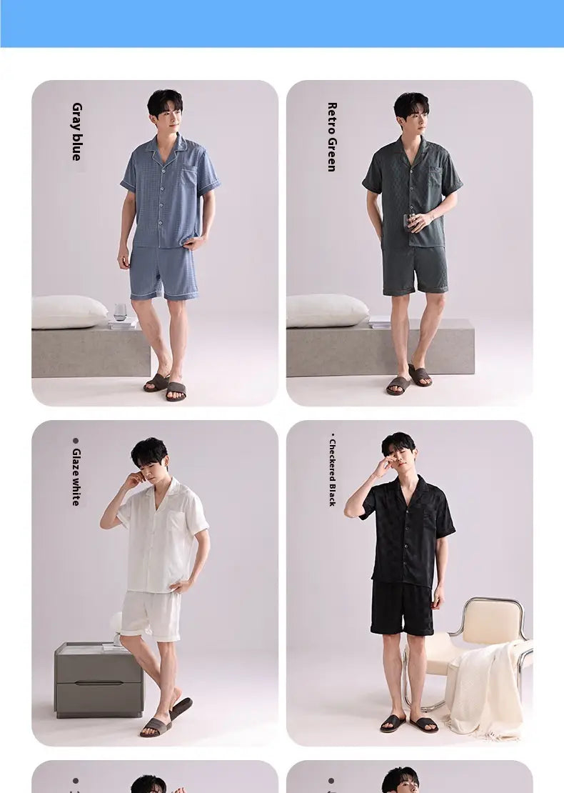 Men’s ice silk pajama sets are lightweight short-sleeved summer sleepwear available in gray blue, retro green, glaze white, and charcoal black.