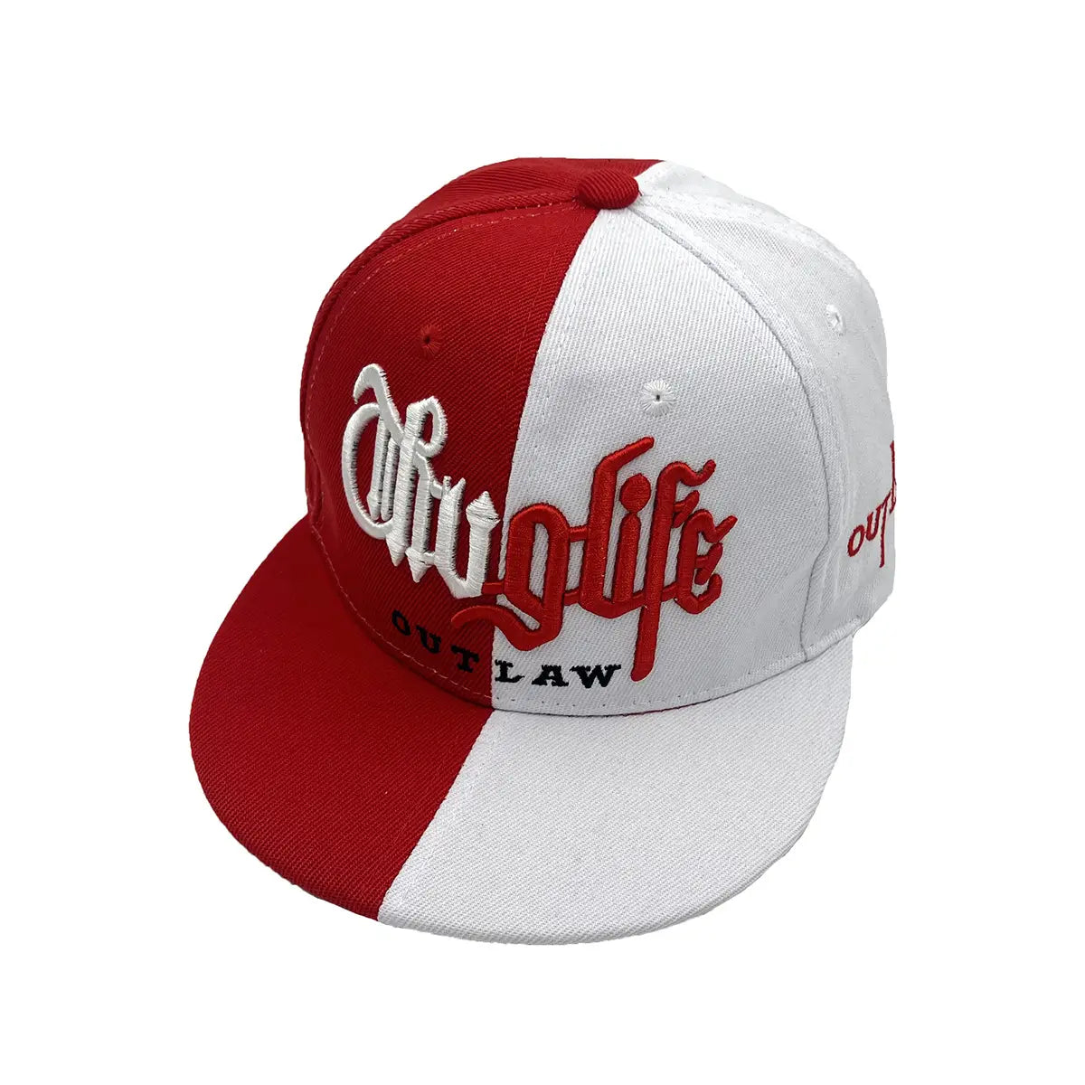 Red and white hip hop snapback cap with embroidered outlaw logo in stylized script on the front panel.