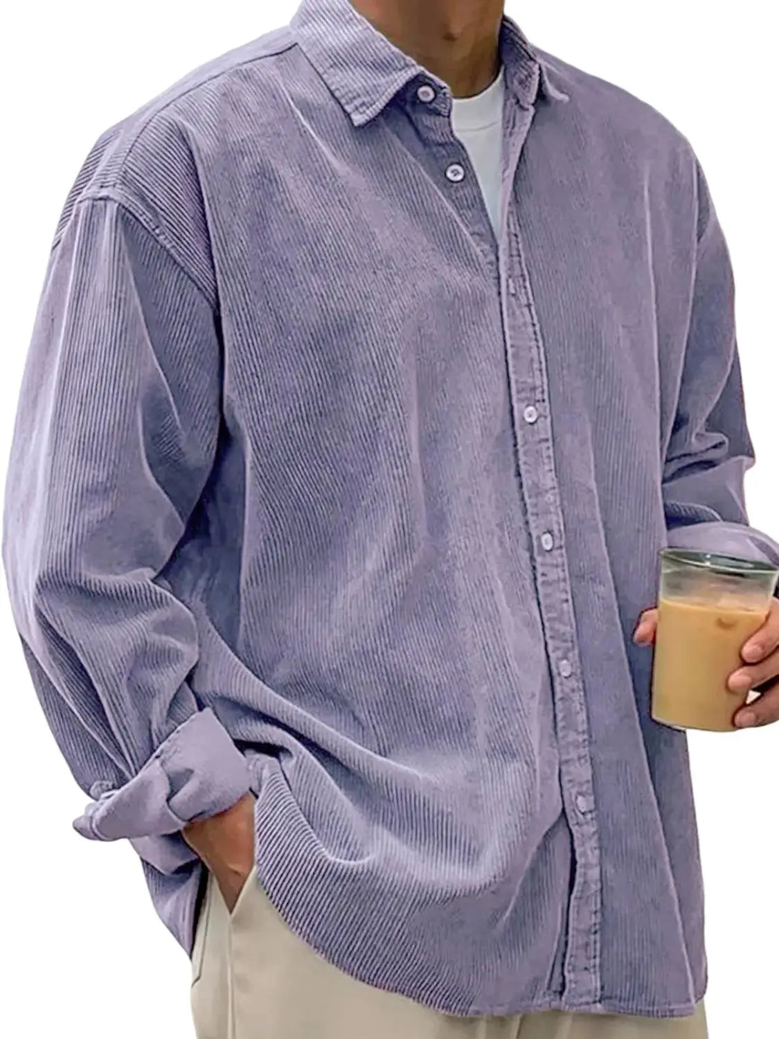 Men’s relaxed fit corduroy shirt jacket in soft lavender with button-up front and rolled cuffs.