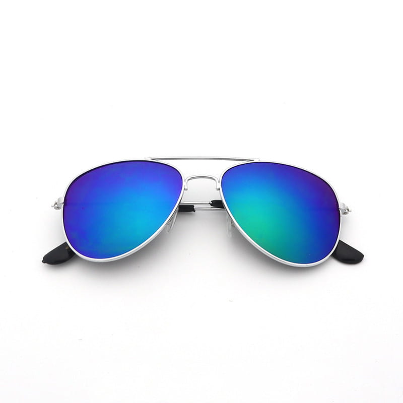 Classic unisex metal aviator sunglasses with silver frames and reflective blue and green gradient lenses offering UV protection.
