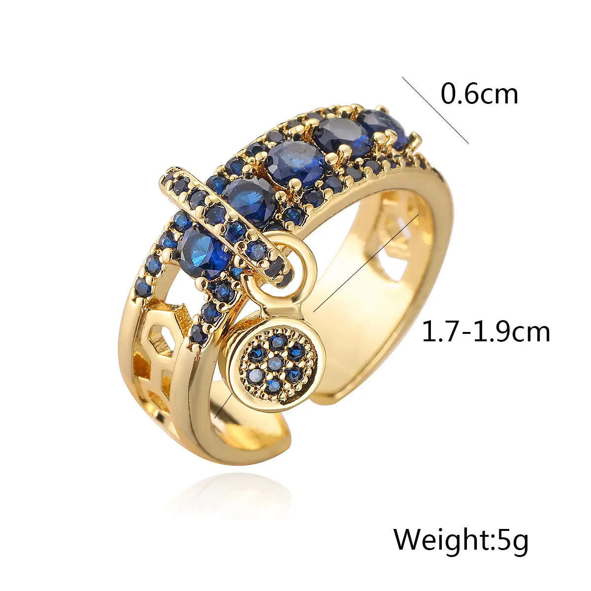 Adjustable geometric gold open ring featuring a row of deep blue zircon gemstones and an ornate circular pendant charm.