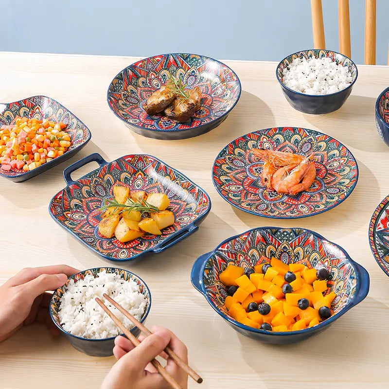 Vibrant hand-painted ceramic mandala serving bowls in red blue and gold with intricate patterns 400ml capacity.