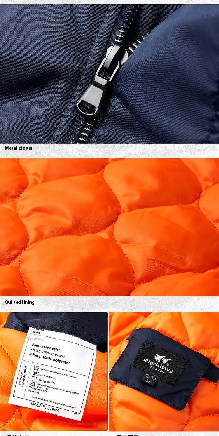 Navy blue quilted puffer bomber jacket with bright orange lining metal zipper and removable fur collar plus size.