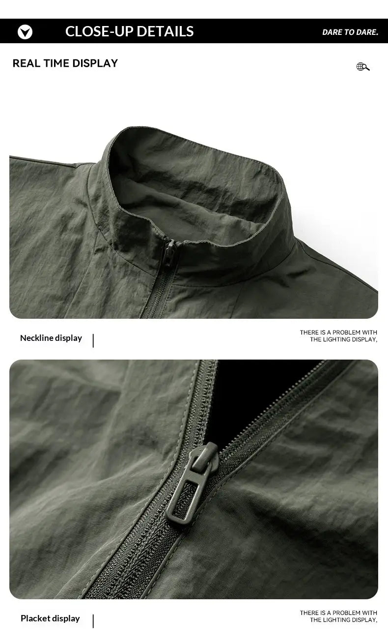 Veste coupe-vent imperméable légère pour homme en vert olive foncé, à col haut et zip noir.