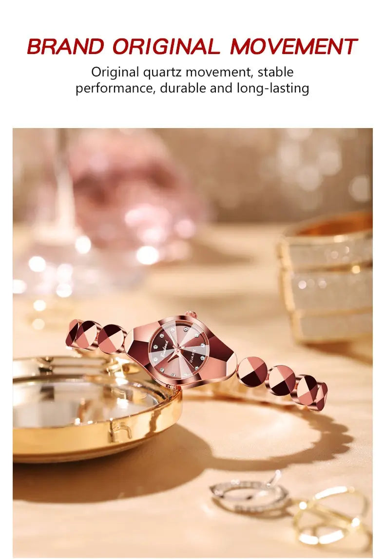 rose gold geometric faceted bracelet watch with silver dial and black hour markers featuring diamond accents