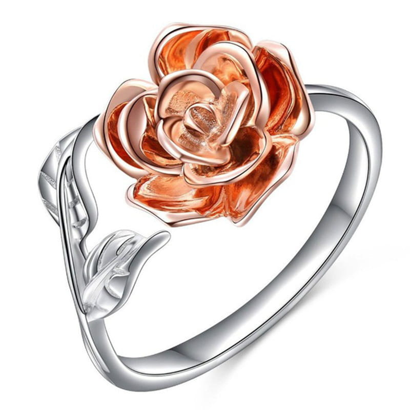 A two tone rose and leaf adjustable silver ring featuring a delicate vibrant orange-pink enamel flower with intricate leaf detailing on a silver-toned metal band.