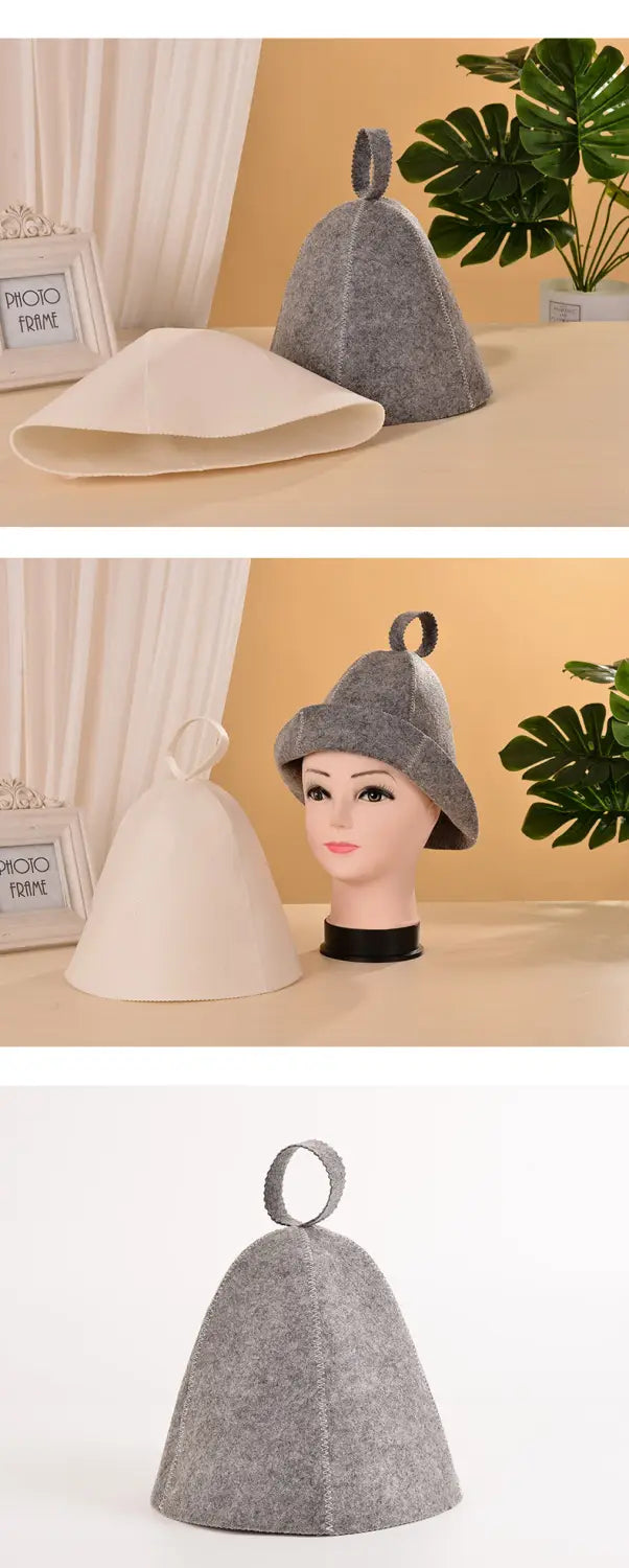 Chapeau de bain de sauna en feutre gris avec poignée bouclée sur le dessus, conçu comme un bonnet de transpiration blanc pour des couvre-chevures de bain