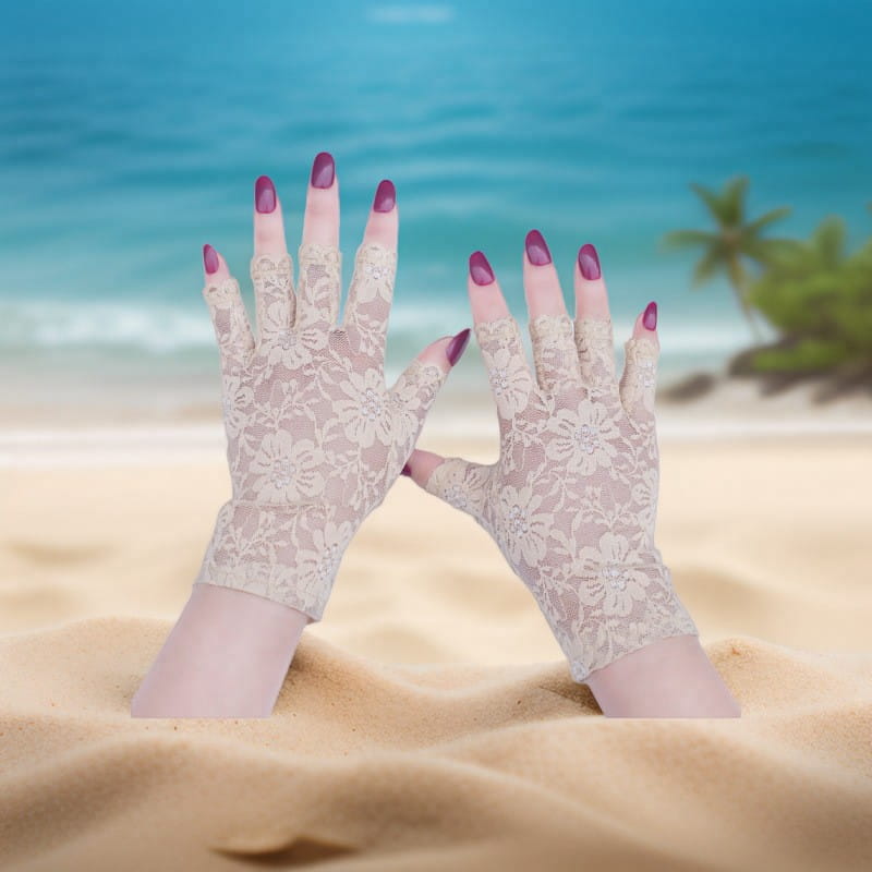 Beige floral lace fingerless gloves in a delicate semi-transparent design for lace sun protection fingerless gloves for women.