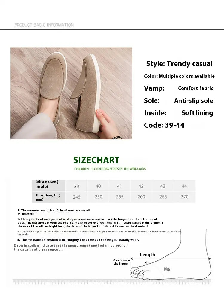 Beige men’s suede slip on loafers with soft lining and rubber anti-slip sole.