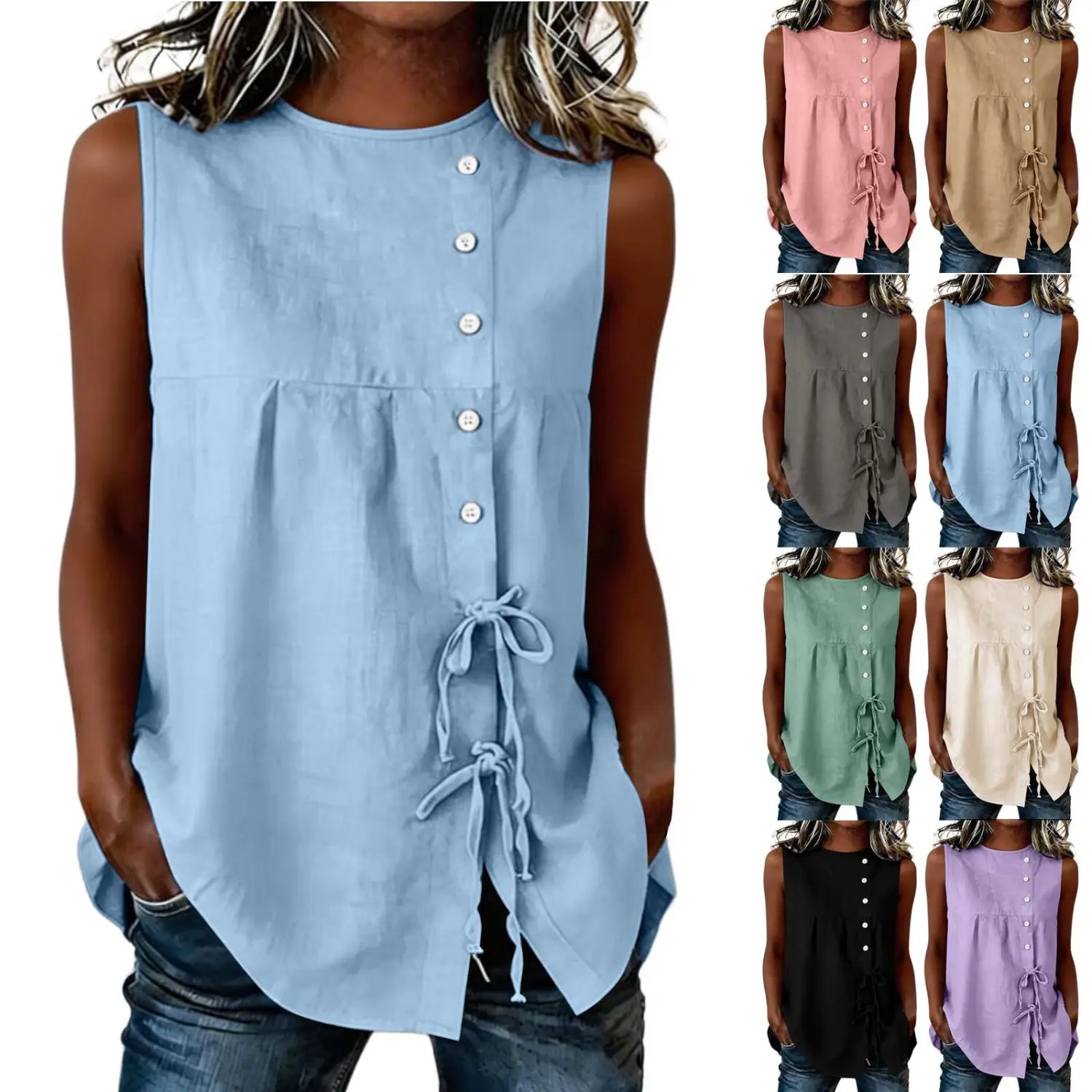 Light blue sleeveless button-up blouse made of lightweight fabric with a tie-side detail suitable for casual and office wear.