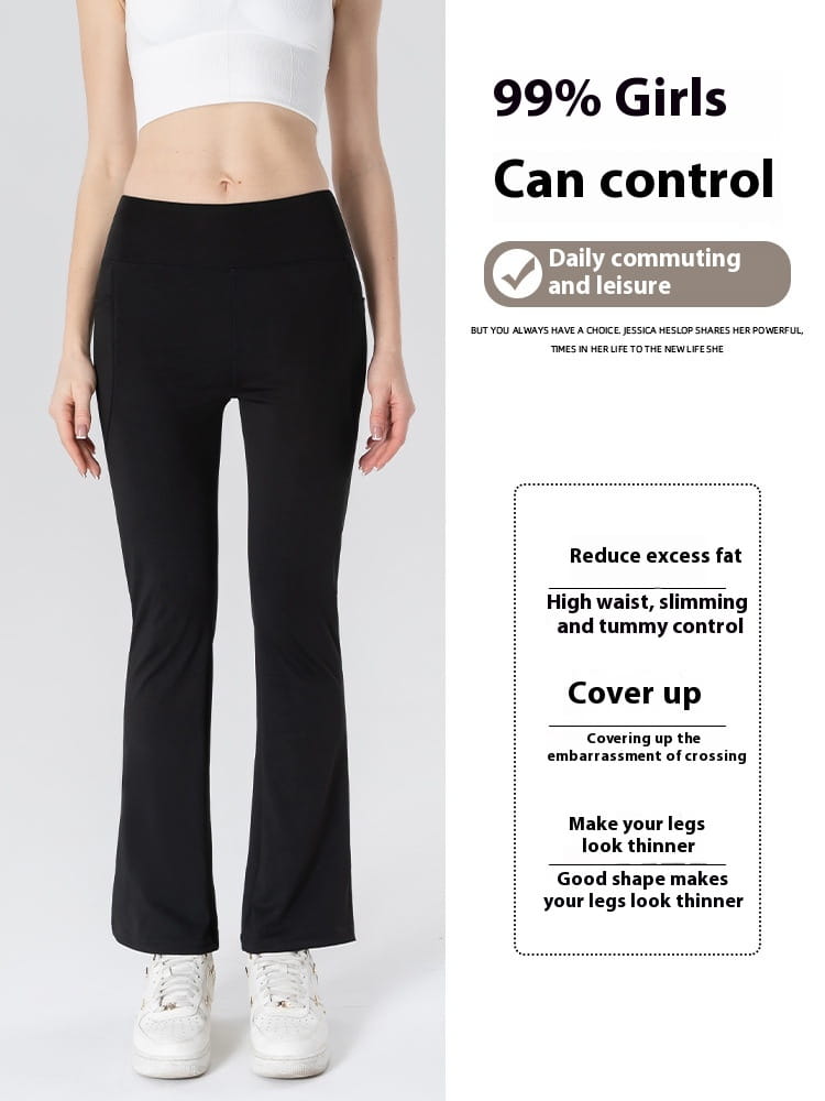Schwarze High-Waist ausgestellte Yoga-Hosen mit Taschen aus elastischem Material, geeignet für Bootcut-Hosen und für den Einsatz im Activewear-Bereich