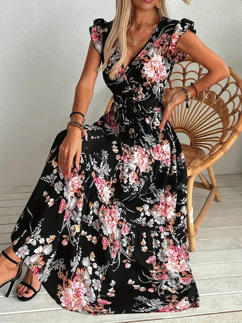 Robe longue maxi noire à encolure en V, à volants, ornée de fleurs roses et blanches, avec une taille ceinturée, idéale pour des occasions élégantes.