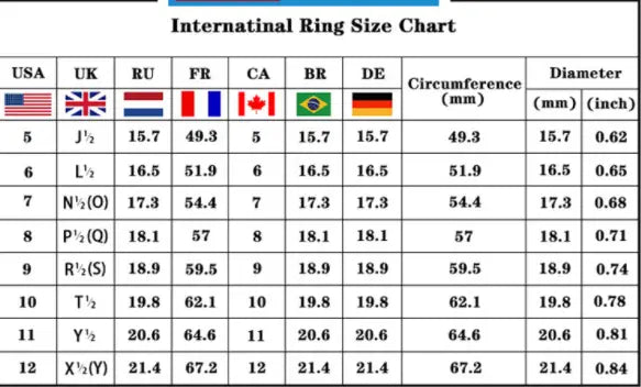 international ring size chart displaying measurements in usa uk ru fr ca br and de standards for an adjustable silver hands embracing ring with red gemstone.