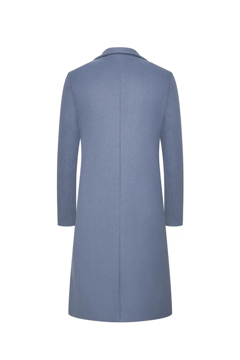 A sleek solid light blue wool trench coat for men with a classic notched collar and straight-cut silhouette designed as a mid length thick winter jacket.