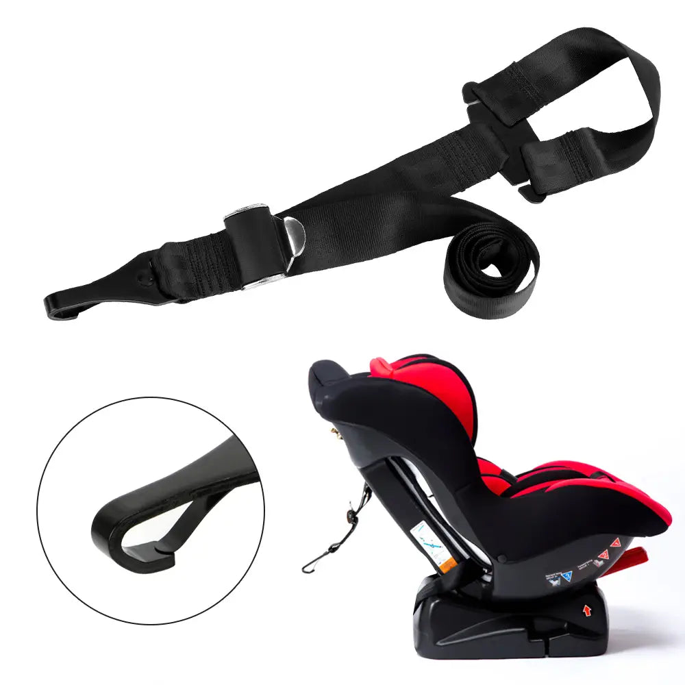 Black car seat belt extender strap with metal buckle and hook attachment for universal isofix car seat belt extender.
